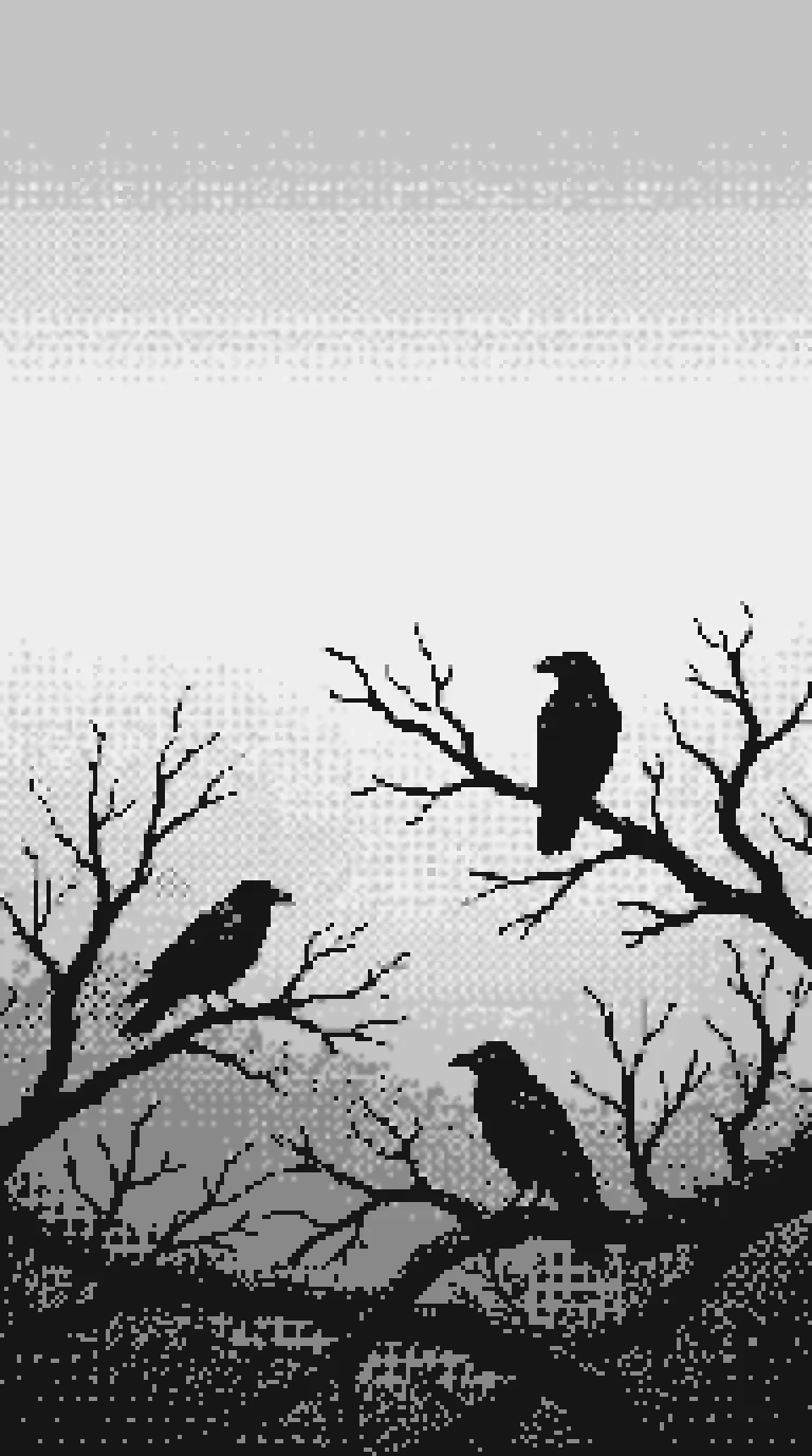 Monochrome pixel art phone wallpaper showing three crows on bare branches against minimal background, designed for 9:16 aspect ratio