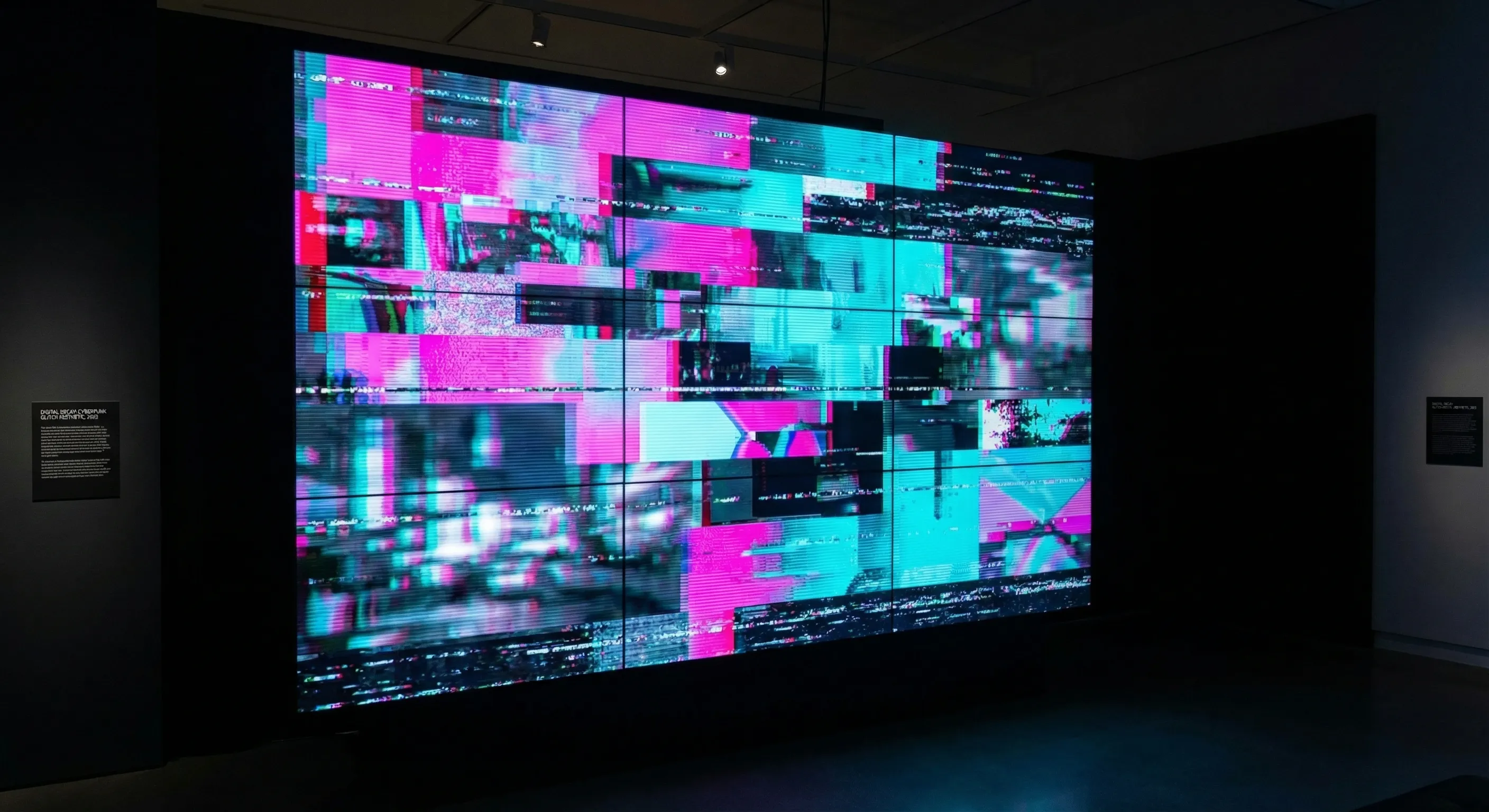 Glitch art with RGB separation, scan lines, and datamosh effects in neon pink and cyan