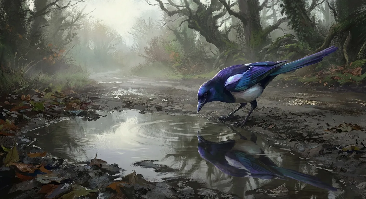 A magpie with iridescent blue-purple feathers looking down at its reflection in a puddle on a misty forest path