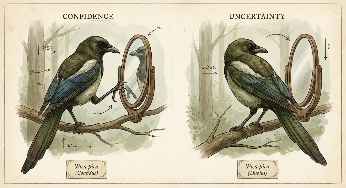 Scientific illustration showing two magpies with mirrors - left labeled CONFIDENCE shows a magpie engaging with its reflection, right labeled UNCERTAINTY shows the same species turning away