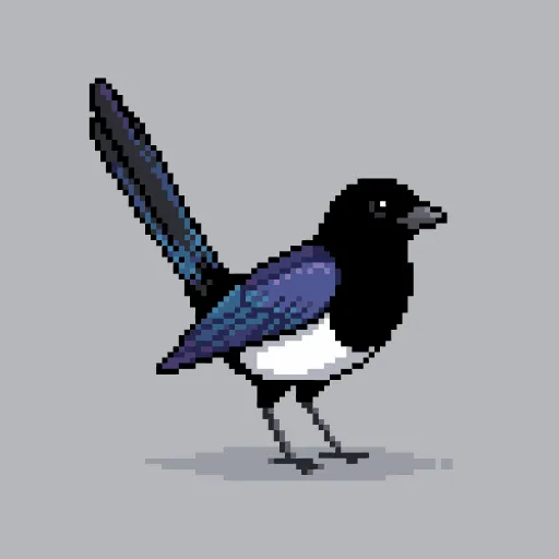 Pixel art magpie with iridescent blue and purple wings, white belly, black head, standing with tail raised
