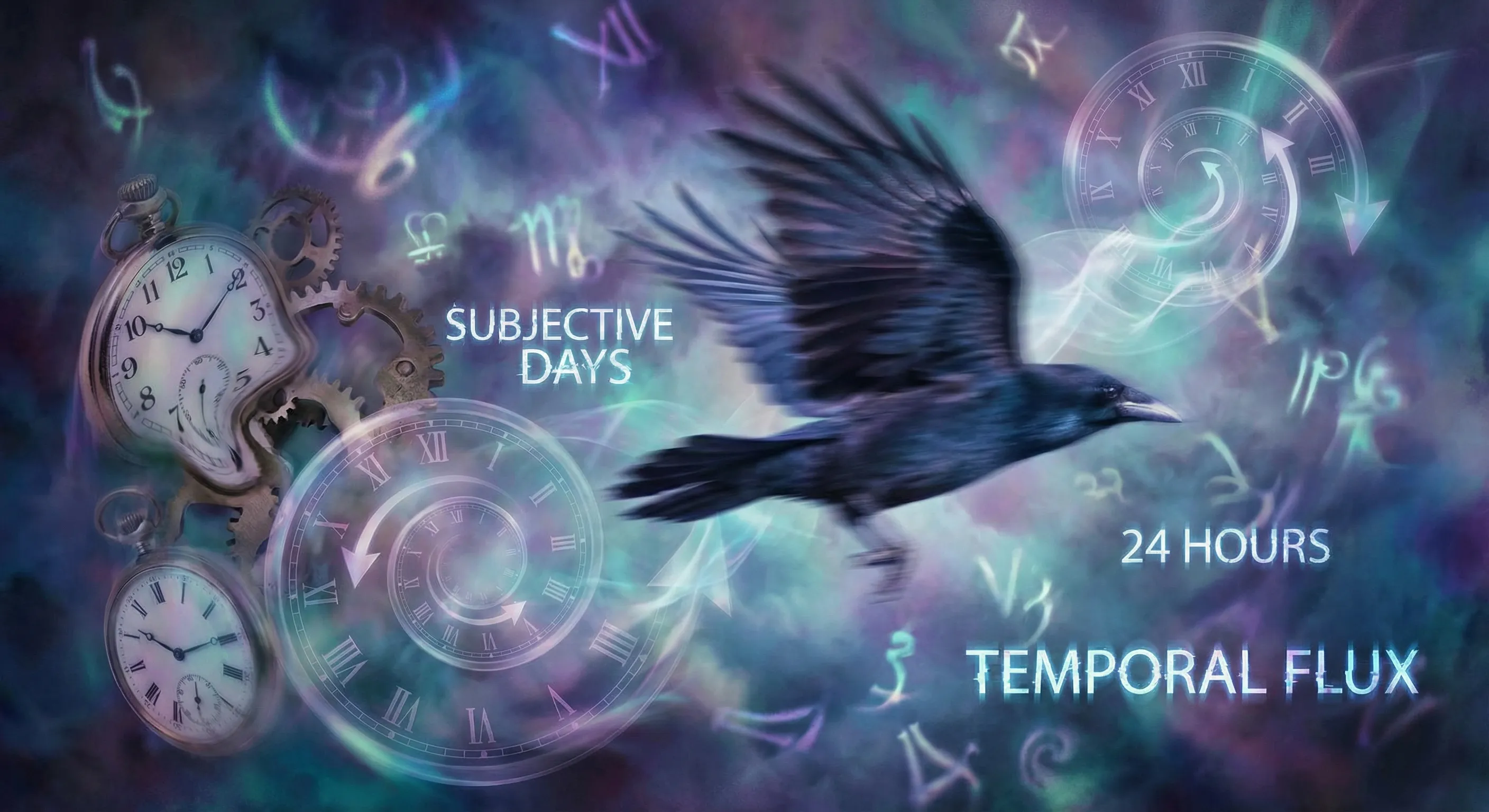 Abstract visualization of a corvid in motion with warping clock faces and iridescent blue-purple tones suggesting time distortion