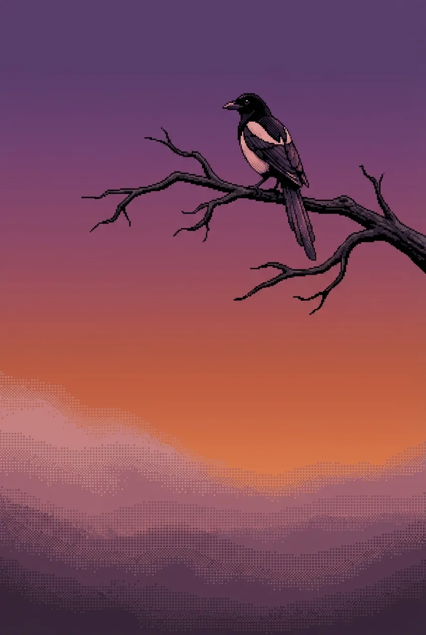 Pixel art scene of a lone magpie perched on a bare branch against a gradient sunset sky with purple and orange tones