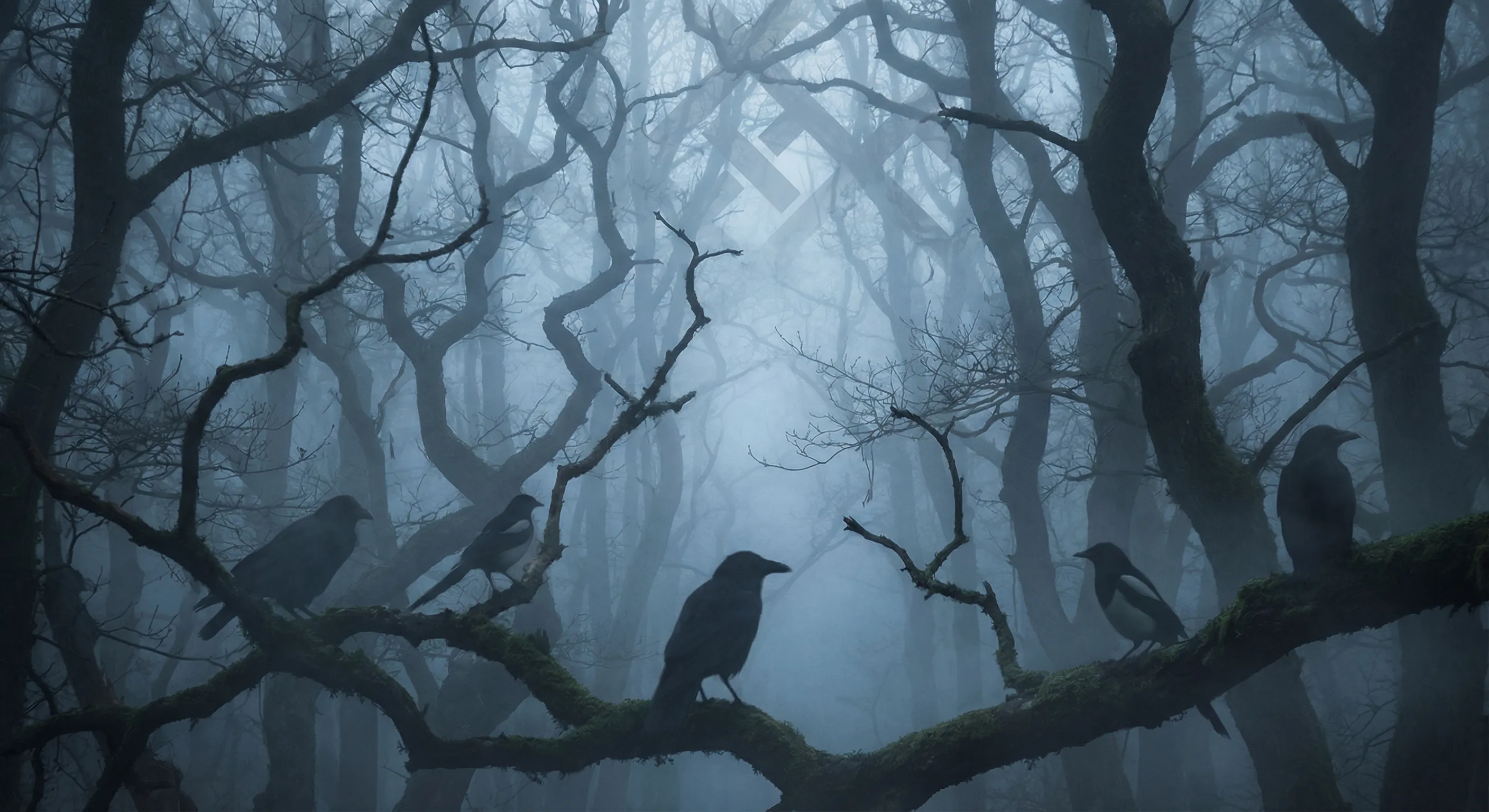 Moody misty forest with corvids perched in dark twisted trees, subtle geometric patterns formed by branches in the background